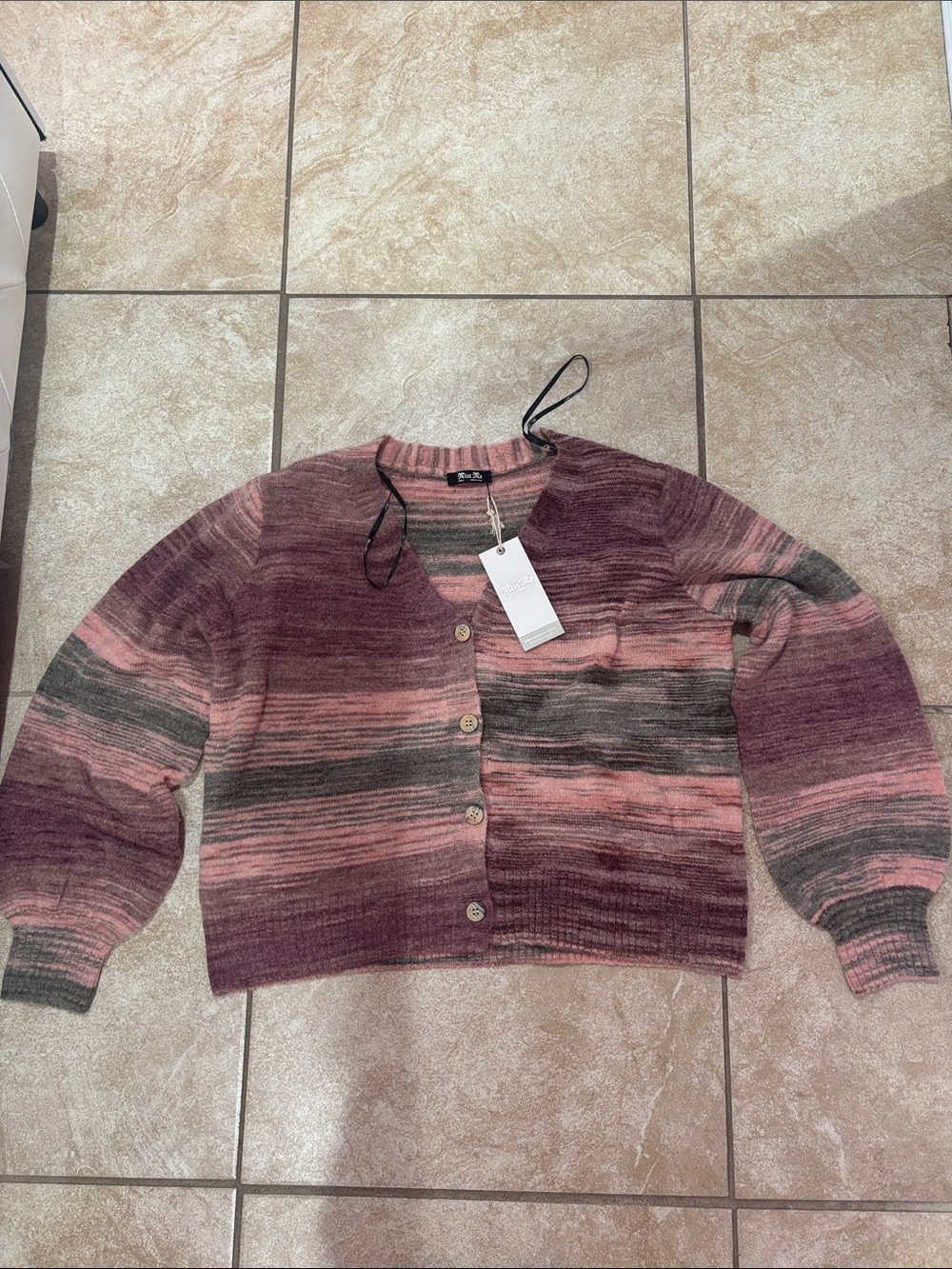 Miss Me Striped Button-Front Cardigan in Pink, Plum & Gray